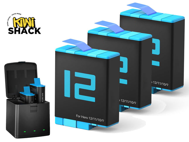 Four black and blue Mini Shack 12V replacement batteries shown with an open black charging case on a white background. The Mini Shack logo is visible in the top left corner.