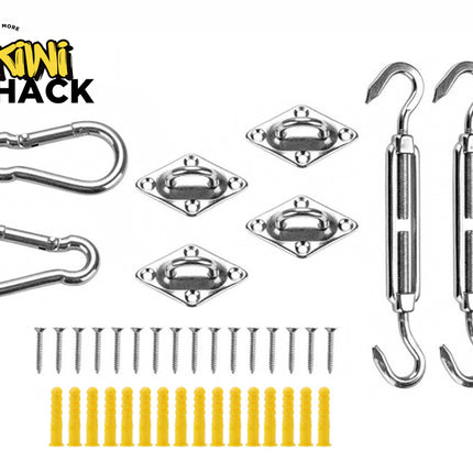 A stainless steel hardware installation kit for shade sails, including turnbuckles, snap hooks, diamond pad eyes, screws, and plastic anchors, featuring the "Kiwi Shack" logo in the top-left corner.