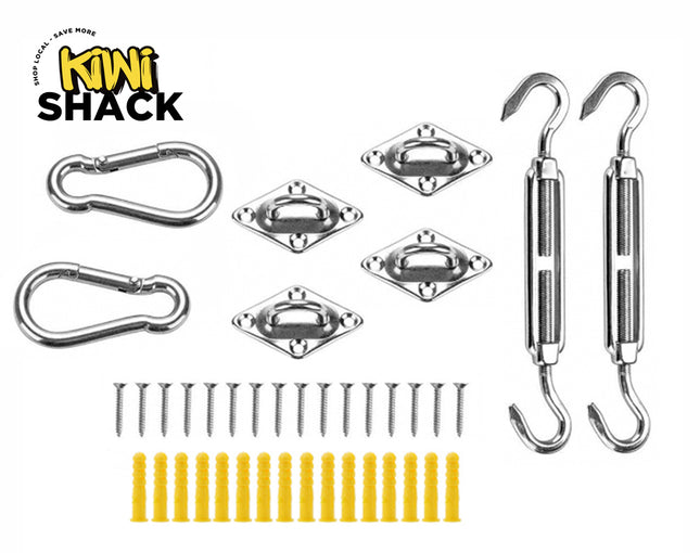 A stainless steel hardware installation kit for shade sails, including turnbuckles, snap hooks, diamond pad eyes, screws, and plastic anchors, featuring the "Kiwi Shack" logo in the top-left corner.
