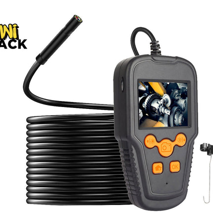 A mini endoscope camera with a flexible black probe, a handheld gray controller with orange buttons and a screen showing an internal engine view, a coiled black cable, and two small accessories on a white background. The 'Kini Shack' logo is visible in the top-left corner.