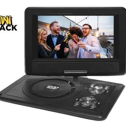 Portable DVD player with a screen displaying people celebrating, branded 'Kiwi Shack'.