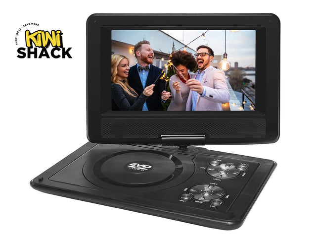 Portable DVD player with a screen displaying people celebrating, branded 'Kiwi Shack'.