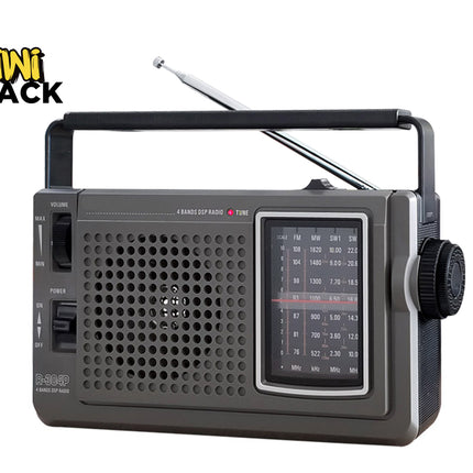 Vintage-style radio with digital display on a white background, featuring the Kiwi Shack logo.