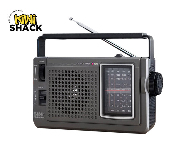 Vintage-style radio with digital display on a white background, featuring the Kiwi Shack logo.