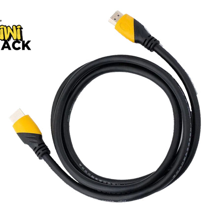 A coiled black high-speed HDMI cable featuring yellow and black molded connector grips and gold-plated plugs against a white background, featuring the "Kiwi Shack" logo in the upper left corner.