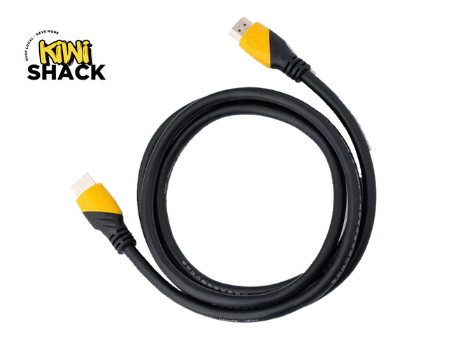 A coiled black high-speed HDMI cable featuring yellow and black molded connector grips and gold-plated plugs against a white background, featuring the "Kiwi Shack" logo in the upper left corner.