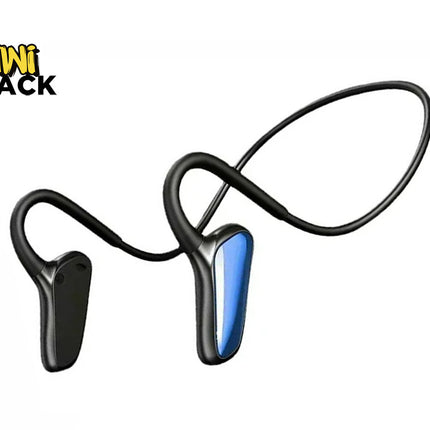 A pair of black wireless bone conduction headphones with a flexible neckband and blue accent panels on the earpieces, featuring a "Kiwi Shack" logo in the top left corner.