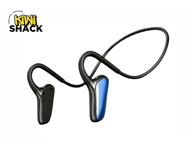 A pair of black wireless bone conduction headphones with a flexible neckband and blue accent panels on the earpieces, featuring a "Kiwi Shack" logo in the top left corner.