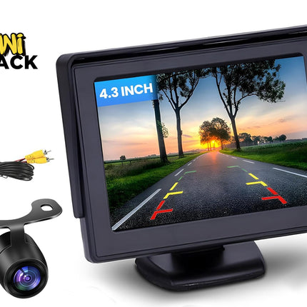 A 4.3-inch car backup monitor displaying a rearview camera feed with parking guidelines, alongside a rear camera and wiring cables, featuring the "Kiwi Shack" logo in the top-left corner.