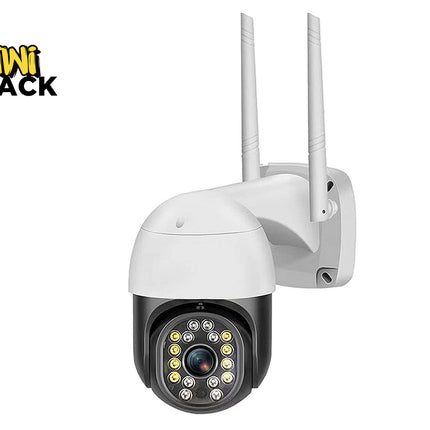 A white and black outdoor PTZ security camera featuring dual vertical antennas, a motorized dome housing with a central lens surrounded by multiple LED floodlights and infrared sensors, and a wall-mounting base against a white background, featuring the "Kiwi Shack" logo in the upper left corner.