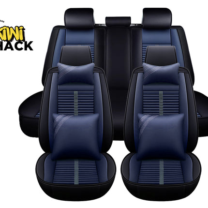 Black car seat covers with gray accents on a white background, featuring the Kiwi Shack brand.