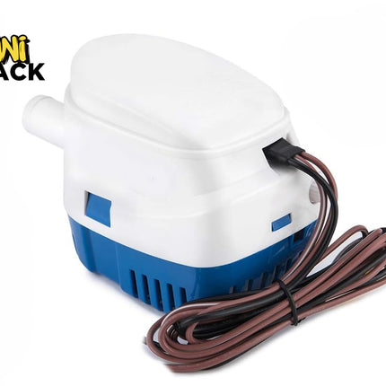 A small blue and white electric submersible bilge pump with attached electrical wires, featuring the "Kiwi Shack" logo in the top-left corner.