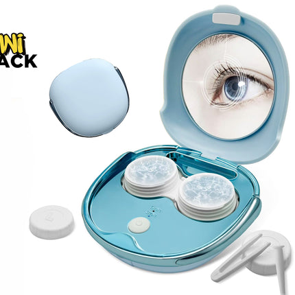 Light blue/teal portable ultrasonic contact lens cleaning case laid open with an integrated lid mirror showing an eye reflection graphic, dual rotating/vibrating holder cups with translucent covers, power button ("5 min / 3 min" text), separate closed light-blue outer casing top piece lying nearby, white applicator tool/tweezers, and the Kiwi Shack logo watermark.