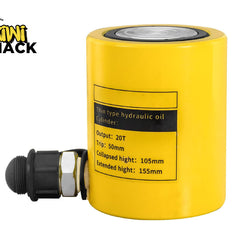 Yellow hydraulic cylinder with technical specifications label on a white background, branded 'Kiwi Shack'.