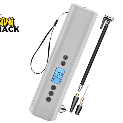 A digital tire inflator by Kiwi Shack, featuring a white plastic body with a clear protective cover, a small blue LCD screen, and four black buttons. It is shown with a black carrying strap, a black adjustable pump handle, and two nozzle tips on a plain white background.