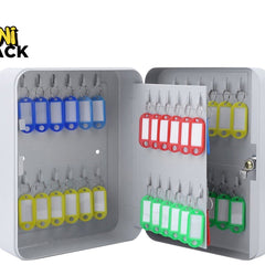 Key cabinet with multiple key slots containing keys of different colors, branded 'Kiwi Shack'.