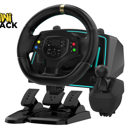 Black gaming steering wheel and pedals set with 'Kiwi Shack' branding on a white background.