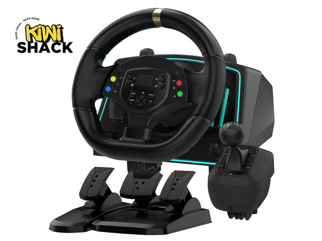 Black gaming steering wheel and pedals set with 'Kiwi Shack' branding on a white background.