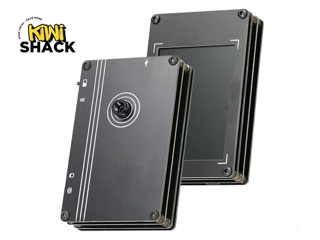 Two black cassette tapes with a Kiwi Shack logo on a white background