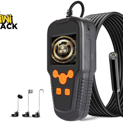 Black endoscope camera with a coiled black cable, orange buttons, and a gear graphic on the screen, shown with three attachment heads and a Kiwi Shack logo on a white background.