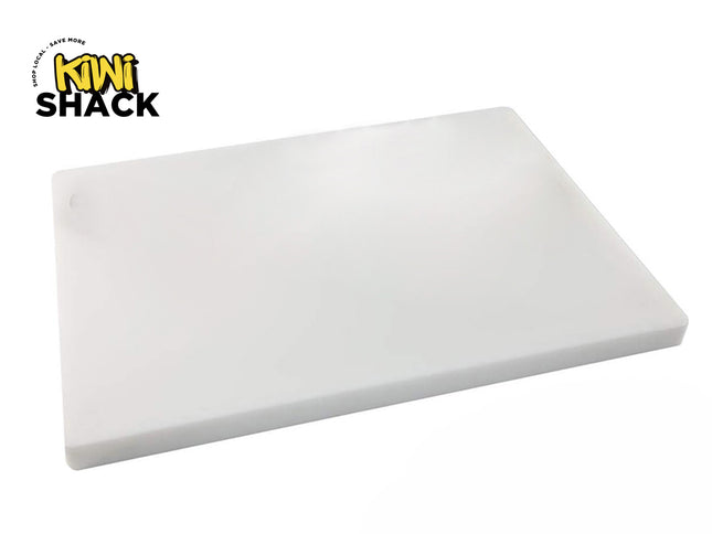 A thick white plastic cutting board with a smooth surface, featuring the "Kiwi Shack" logo in the top-left corner.