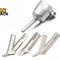 Stainless steel sausage stuffer filling funnel / tube attachment with a clamp-on collar and thumbscrew adjustment, accompanied by four specialized stainless steel nozzle attachments (sausage stuffing tubes / flat spreader nozzles) arranged below, and the Kiwi Shack logo watermark.