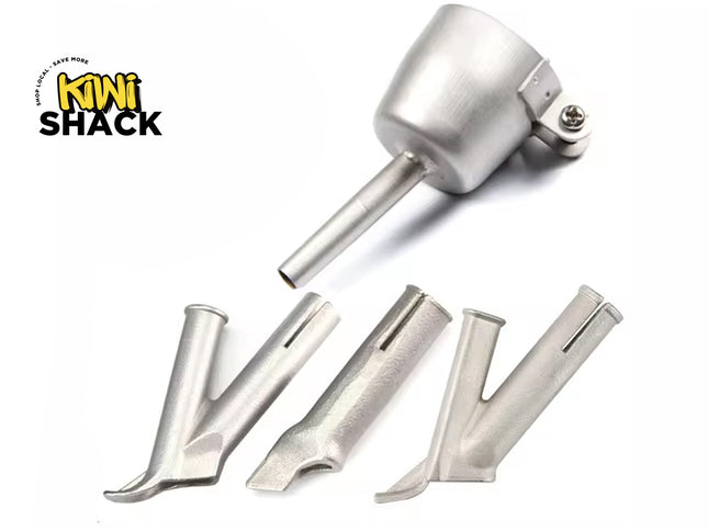 Stainless steel sausage stuffer filling funnel / tube attachment with a clamp-on collar and thumbscrew adjustment, accompanied by four specialized stainless steel nozzle attachments (sausage stuffing tubes / flat spreader nozzles) arranged below, and the Kiwi Shack logo watermark.