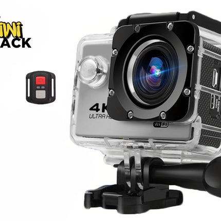 A 4K Ultra HD action camera enclosed in a clear waterproof housing with a mounting bracket attached to the base, accompanied by a small wireless remote control against a white background, featuring the "Kiwi Shack" logo in the upper left corner.