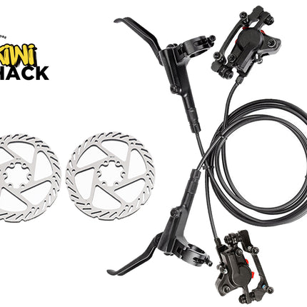 Bicycle brake system with two disc rotors on a white background, featuring the Kiwi Shack logo.