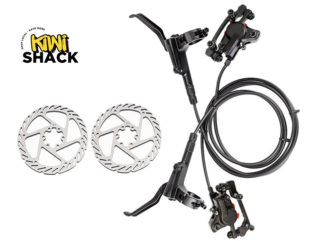 Bicycle brake system with two disc rotors on a white background, featuring the Kiwi Shack logo.