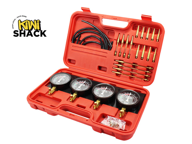 A Kini Shack automotive tire pressure monitoring system kit displayed in its red plastic carrying case, featuring four black gauges with brass fittings, black hoses, and brass arrow tips, on a white background with the Kini Shack logo in the top-left corner.