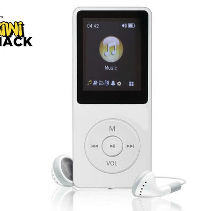 White MP3 player with screen and earphones on a white background, branded 'Kiwi Shack'.