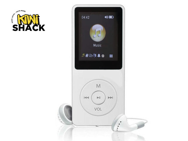White MP3 player with screen and earphones on a white background, branded 'Kiwi Shack'.