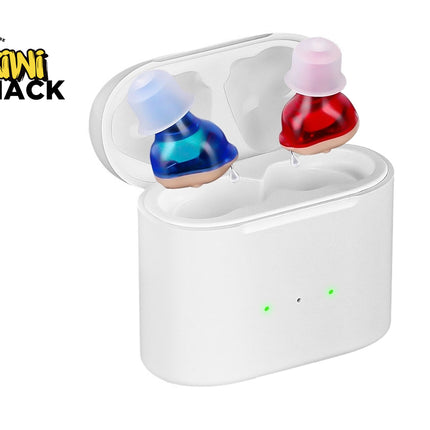 Wireless earbuds with a charging case on a white background, branded 'Kiwi Shack'.