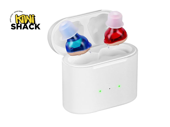 Wireless earbuds with a charging case on a white background, branded 'Kiwi Shack'.