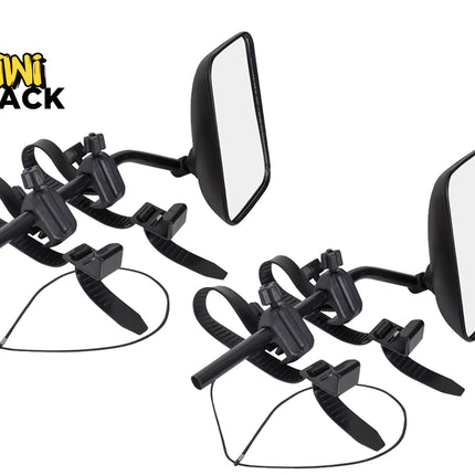 Two black motorcycle side mirrors with mounting brackets and wiring, shown on a white background with the Kiwi Shack logo in the top left corner.
