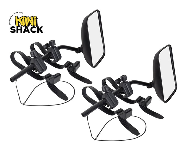 Two black motorcycle side mirrors with mounting brackets and wiring, shown on a white background with the Kiwi Shack logo in the top left corner.