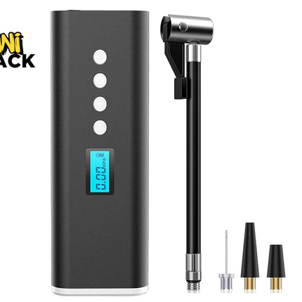 A compact black portable electric air compressor featuring control buttons, a digital LED pressure display, an attachable flexible air hose, and three interchangeable nozzle adapters against a white background, featuring the "Kiwi Shack" logo in the upper left corner.