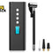 A compact black portable electric air compressor featuring control buttons, a digital LED pressure display, an attachable flexible air hose, and three interchangeable nozzle adapters against a white background, featuring the "Kiwi Shack" logo in the upper left corner.