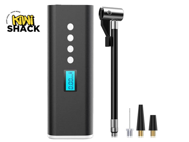 A compact black portable electric air compressor featuring control buttons, a digital LED pressure display, an attachable flexible air hose, and three interchangeable nozzle adapters against a white background, featuring the "Kiwi Shack" logo in the upper left corner.