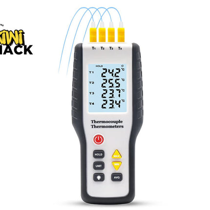 A handheld Kiwi Shack thermocouple thermometer with a white face, black grip, and four yellow thermocouple tips, shown on a white background with the Kiwi Shack logo in the top left.