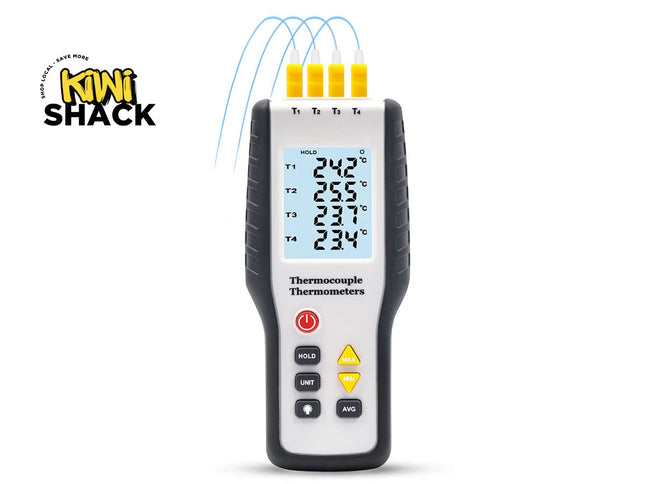 A handheld Kiwi Shack thermocouple thermometer with a white face, black grip, and four yellow thermocouple tips, shown on a white background with the Kiwi Shack logo in the top left.