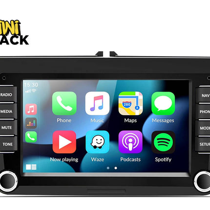 Car multimedia system with touchscreen display and control buttons, branded 'Kiwi Shack'.