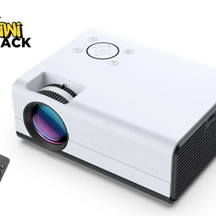 White projector with remote control on a white background, branded 'Kiwi Shack'.