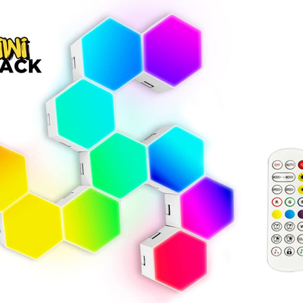 A set of six Kiwi Shack hexagonal smart wall lights in a connected cluster, displaying a vibrant rainbow color-changing gradient, shown alongside a white remote control and the brand logo on a white background.