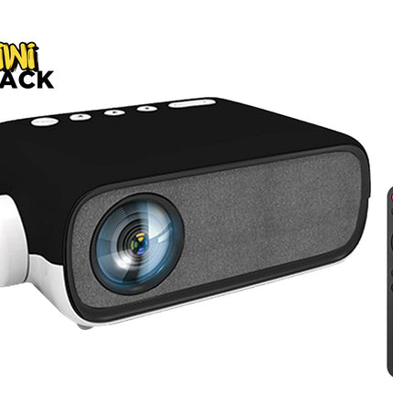 Black and gray projector with remote control on a white background, featuring the Kiwi Shack brand.