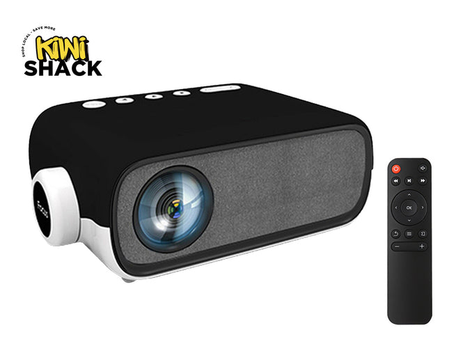 Black and gray projector with remote control on a white background, featuring the Kiwi Shack brand.