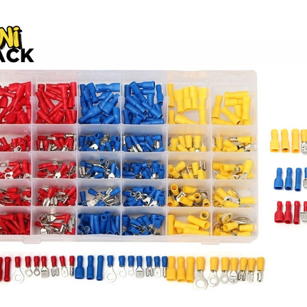 A sorted assortment of red, blue, and yellow insulated electrical terminal connectors organized in a compartmentalized plastic storage case, with sample pieces displayed in rows below and to the right against a white background, featuring the "Kiwi Shack" logo in the upper left corner.