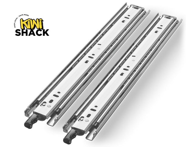 Two metal drawer slides on a white background with 'Kiwi Shack' branding.