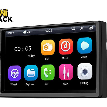Car multimedia display with app icons on a white background, featuring the Kiwi Shack brand.
